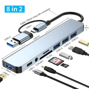 8 In 2 USB HUB With Splitter Card Reader Docking Station